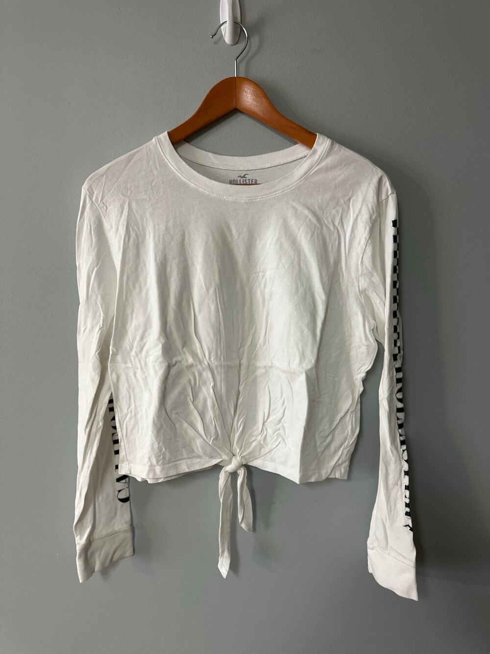Hollister California Tie Front Crop Top White Long Sleeve Checkerboard Small